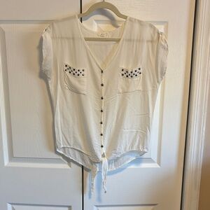 White Button-Down Blouse with Metal Accents